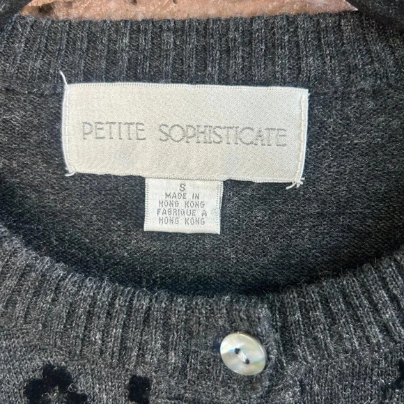 Vintage Charcoal Black Floral Flocked Merino Wool Cardigan Sweater Size Small P - Picture 4 of 7